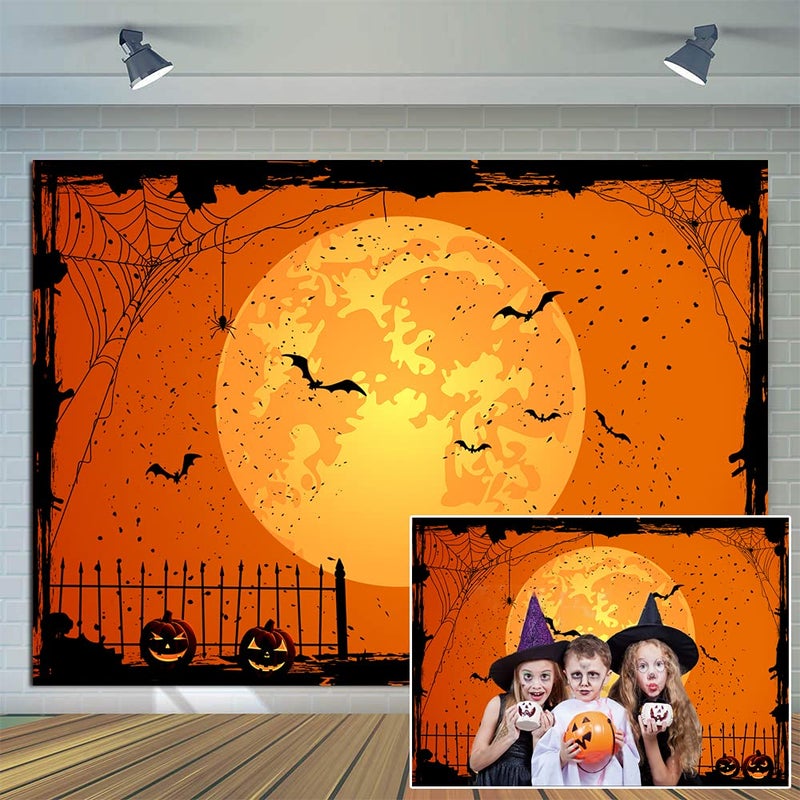 CYLYH 7x5ft Happy Halloween Orange Backdrop Halloween Eve BackdropHalloween Party Lantern Moon Bat Spider Web Graveyard Fence Photography Background Party Decorations - Image 1